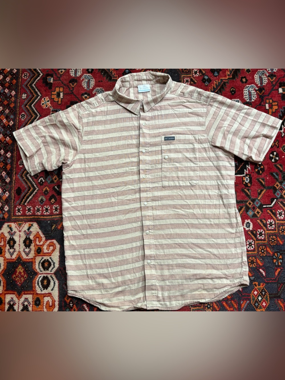 Columbia Button Snap Shirt Adult Large Beige Striped Short Sleeve Cotton Casual